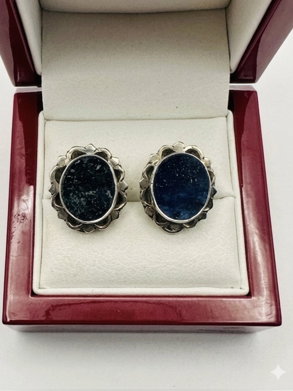 Sterling Silver 925 Lapis Lazuli Earring Clip Oval Scallop Bezel Vtg Mexico Blue